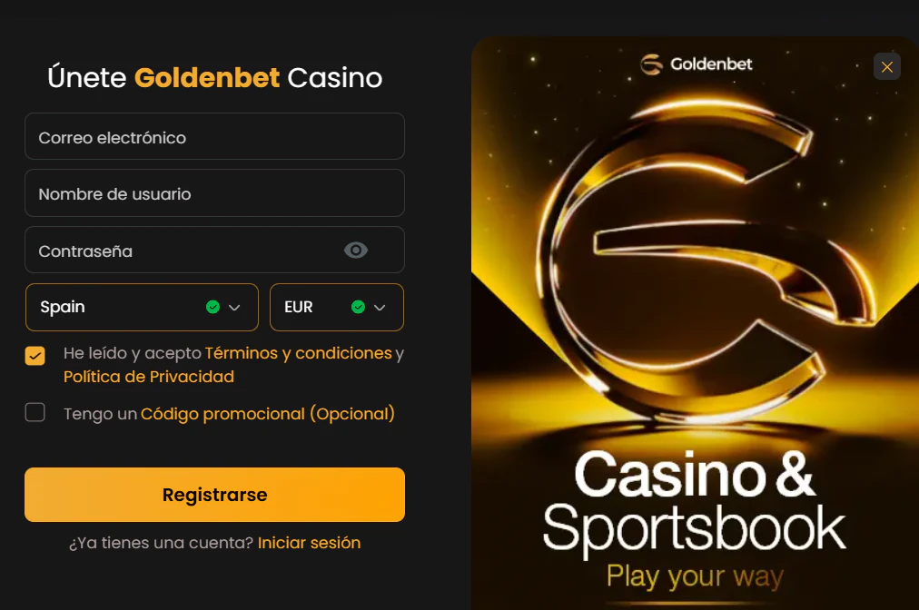 Acceso al área personal y creación de cuenta en Goldenbet