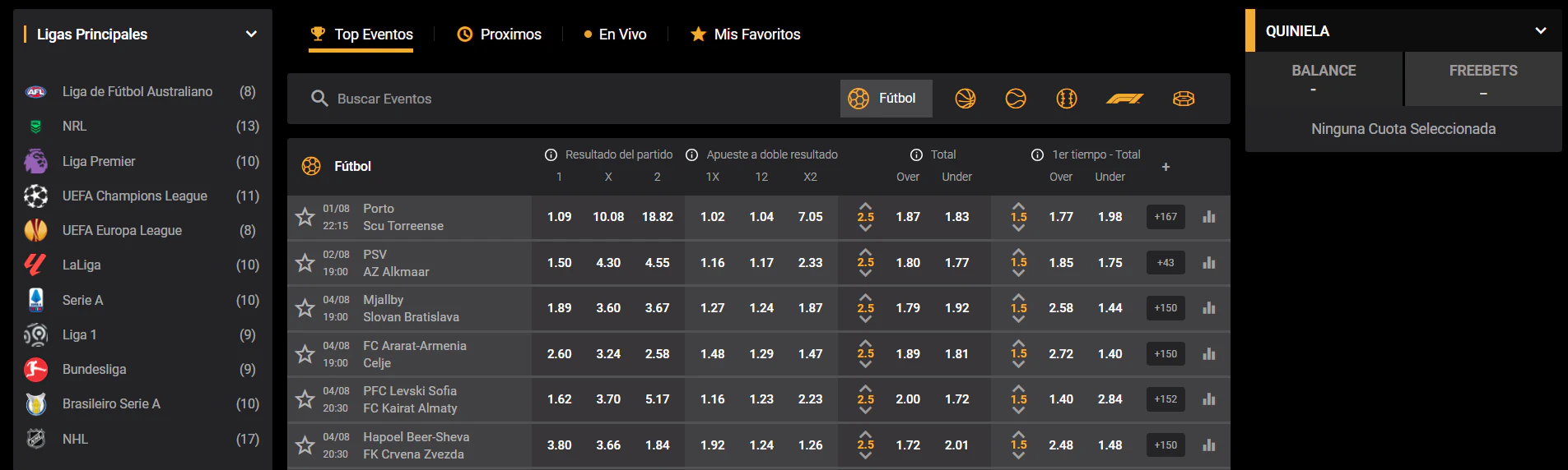 Sección de apuestas sobre deportes, eSports y competiciones en Goldenbet